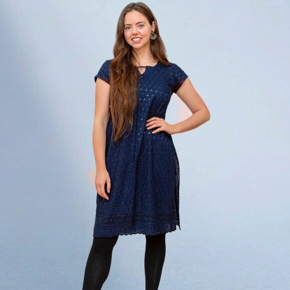 Dark Blue Kurta with Mirror Work Accent | Muvvas Boutique - Picture 1 of 3